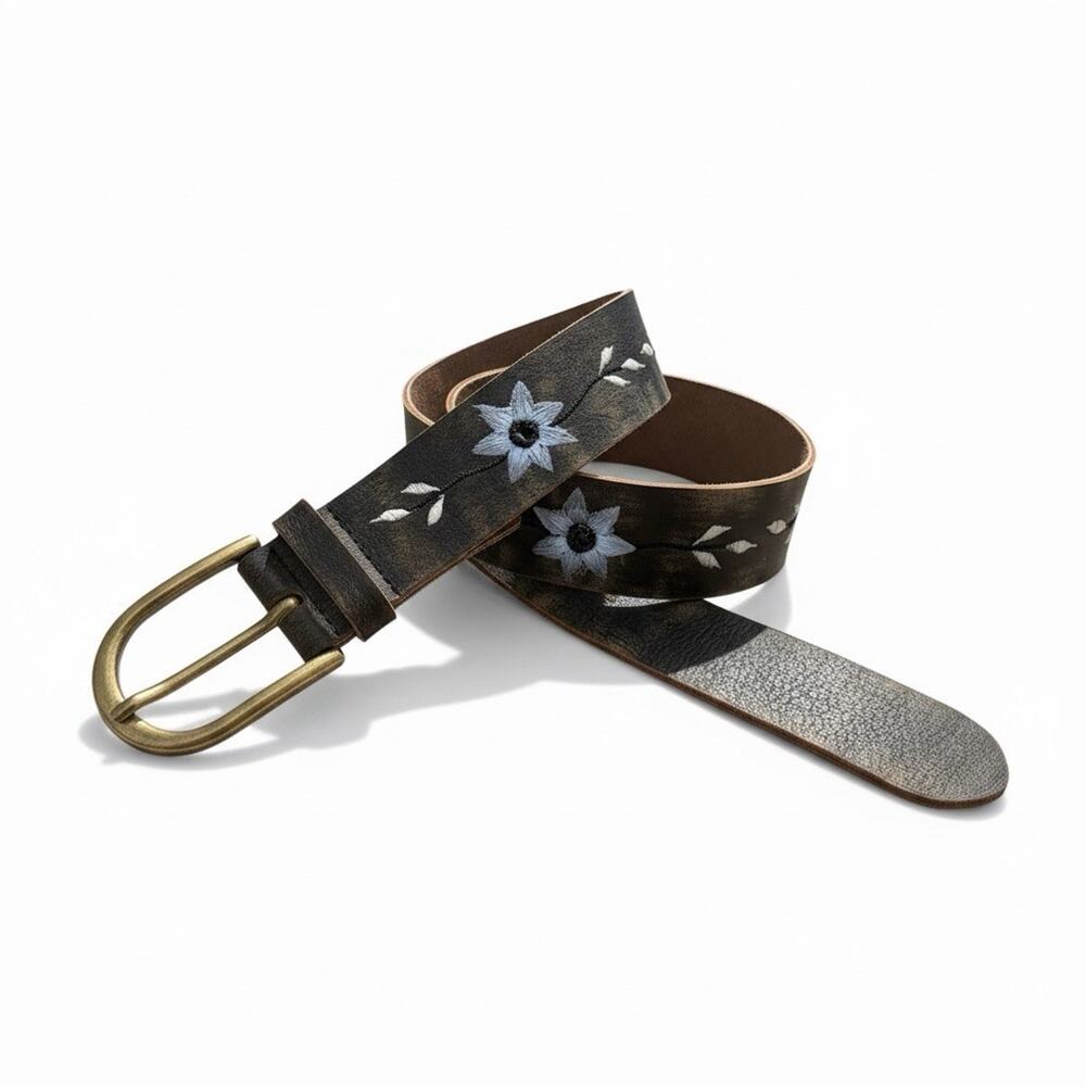 Womens L 100% Leather Embroidered Flower Rhinestone Brass Buckle Mexico